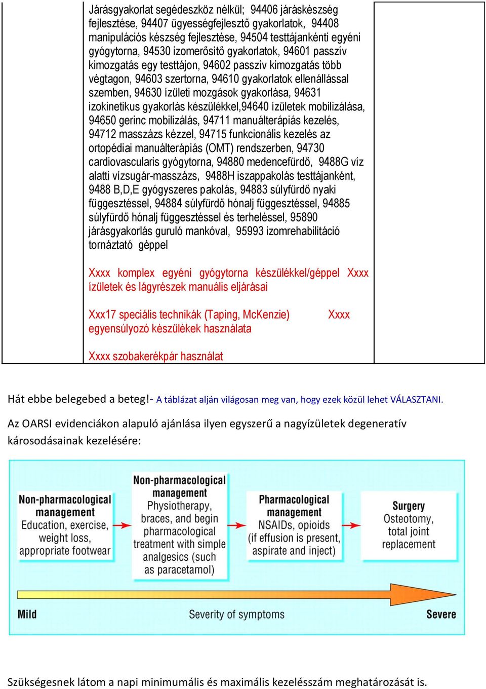 94631 izokinetikus gyakorlás készülékkel,94640 ízületek mobilizálása, 94650 gerinc mobilizálás, 94711 manuálterápiás kezelés, 94712 masszázs kézzel, 94715 funkcionális kezelés az ortopédiai