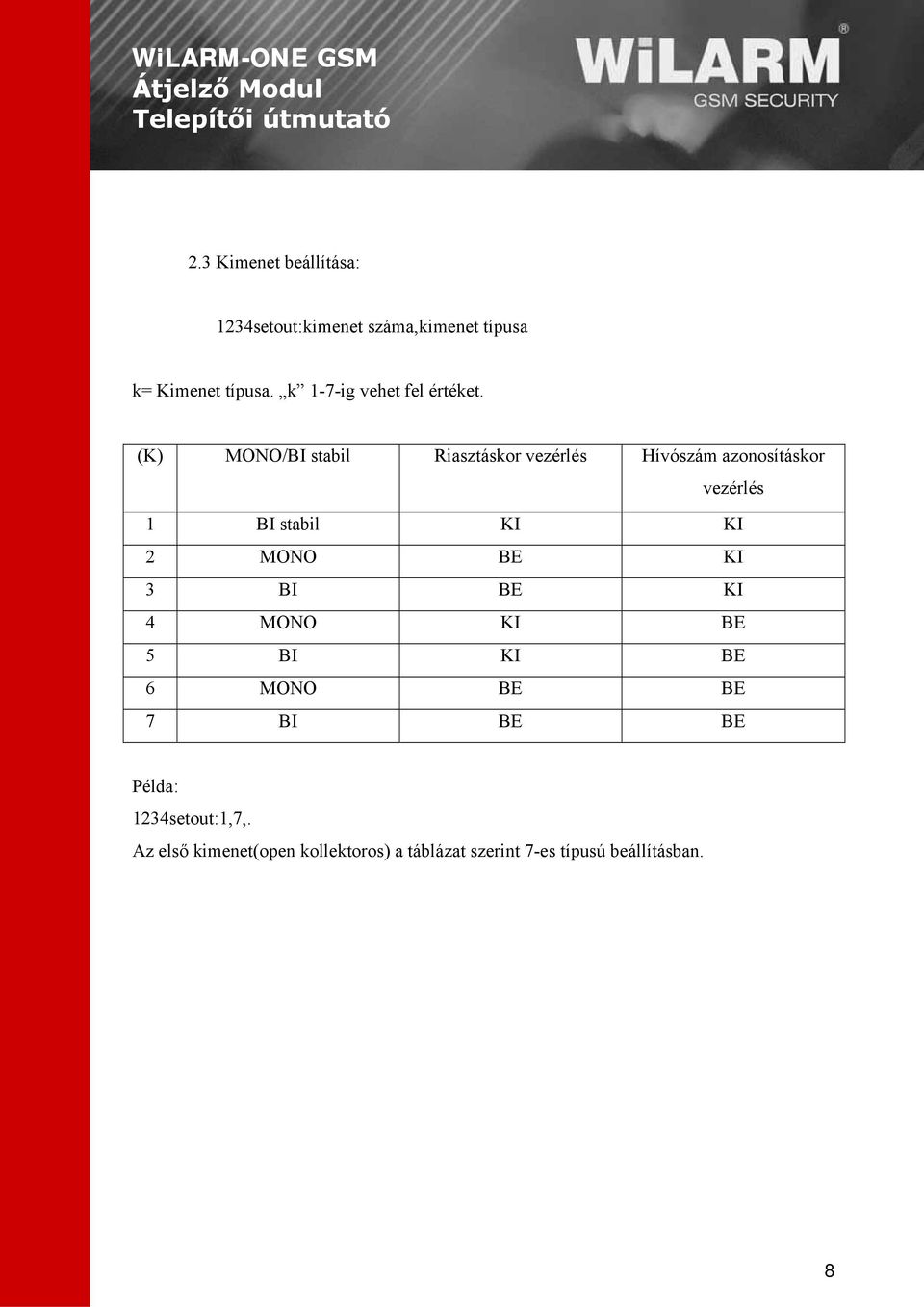 (K) MONO/BI stabil Riasztáskor vezérlés Hívószám azonosításkor vezérlés 1 BI stabil KI KI 2