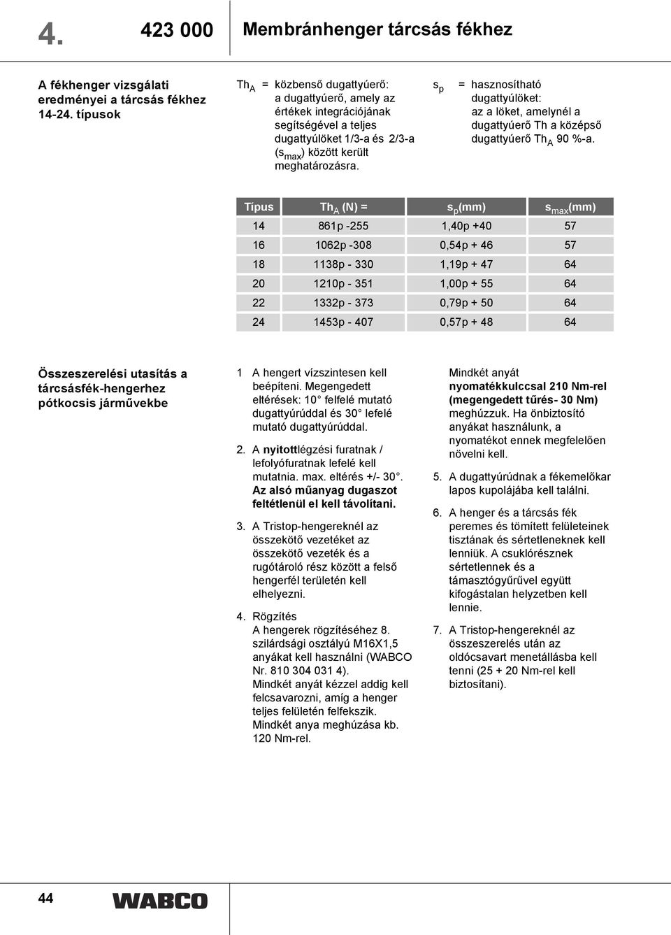 s p = hasznosítható dugattyúlöket: az a löket, amelynél a dugattyúerő Th a középső dugattyúerő Th A 90 %-a.