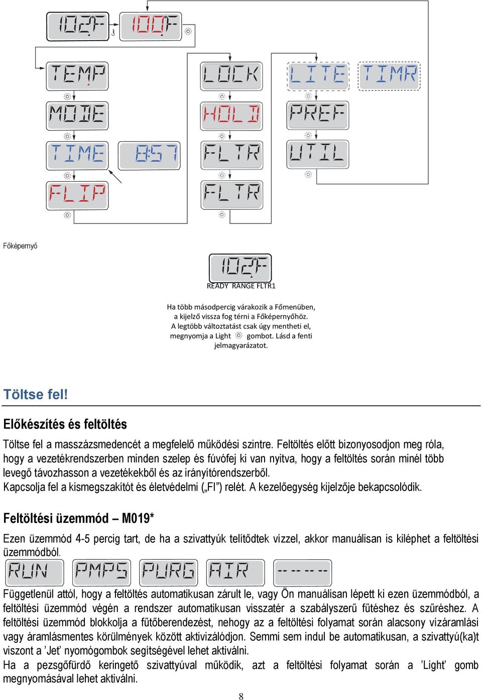 Feltöltés előtt bizonyosodjon meg róla, hogy a vezetékrendszerben minden szelep és fúvófej ki van nyitva, hogy a feltöltés során minél több levegő távozhasson a vezetékekből és az irányítórendszerből.
