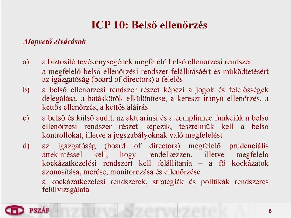 aláírás c) a belső és külső audit, az aktuáriusi és a compliance funkciók a belső ellenőrzési rendszer részét képezik, tesztelniük kell a belső kontrollokat, illetve a jogszabályoknak való