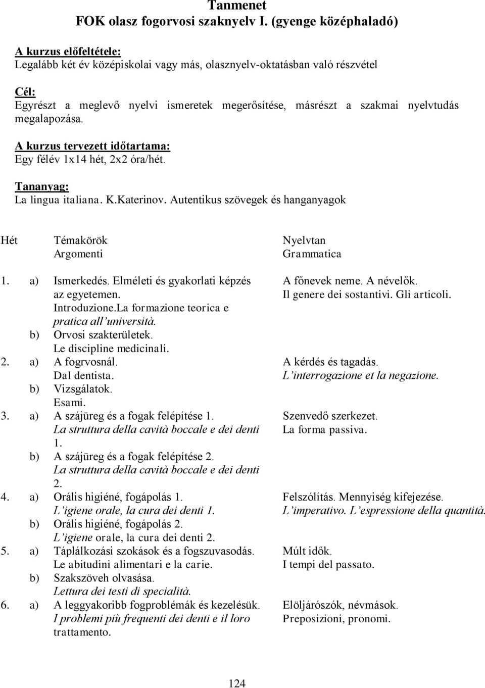 nyelvtudás megalapozása. A kurzus tervezett időtartama: Egy félév 1x14 hét, 2x2 óra/hét. Tananyag: La lingua italiana. K.Katerinov.