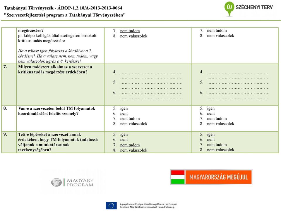 9. Tett-e lépéseket a szervezet annak érdekében, hogy TM folyamatok tudatossá váljanak a munkatársainak tevékenységében? 5. igen 6. nem 7. nem tudom 8. nem válaszolok 