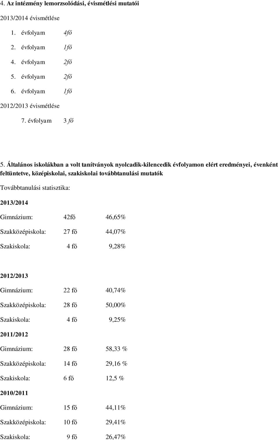 Általános iskolákban a volt tanítványok nyolcadik-kilencedik évfolyamon elért eredményei, évenként feltüntetve, középiskolai, szakiskolai továbbtanulási mutatók Továbbtanulási