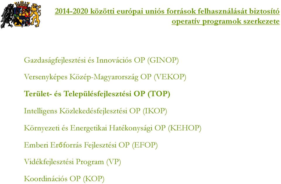 Településfejlesztési OP (TOP) Intelligens Közlekedésfejlesztési OP (IKOP) Környezeti és Energetikai