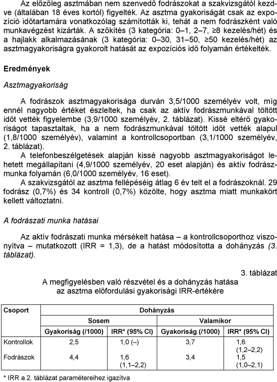 A szőkítés (3 kategória: 01, 27, 8 kezelés/hét) és a hajlakk alkalmazásának (3 kategória: 030, 3150, 50 kezelés/hét) az asztmagyakoriságra gyakorolt hatását az expozíciós idő folyamán értékelték.