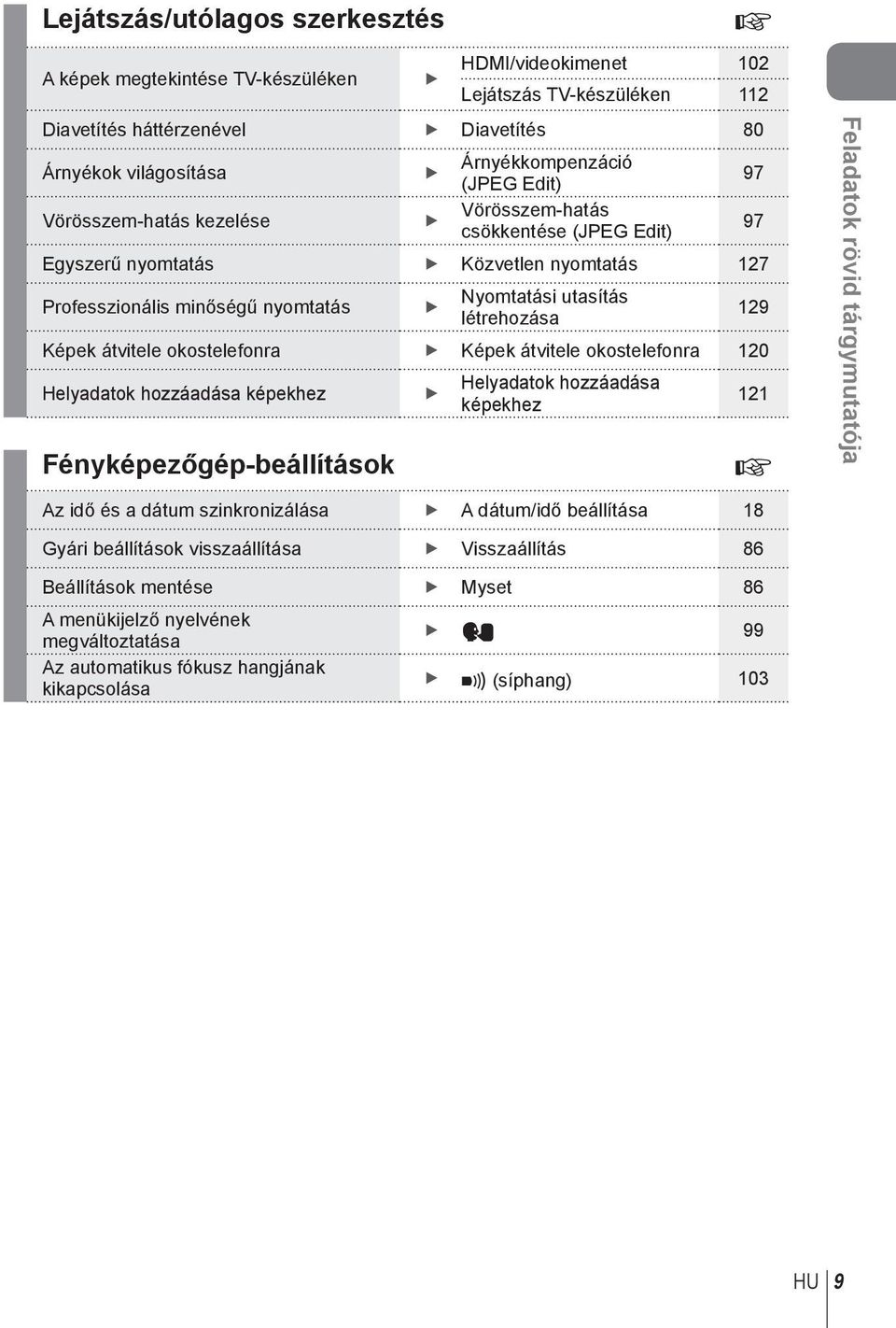 Képek átvitele okostelefonra Képek átvitele okostelefonra 10 Helyadatok hozzáadása képekhez Helyadatok hozzáadása képekhez 11 Fényképezőgép-beállítások g Feladatok rövid tárgymutatója Az idő és a