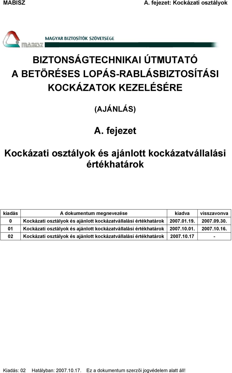 osztályok és ajánlott kockázatvállalási értékhatárok 2007.01.19. 2007.09.30.