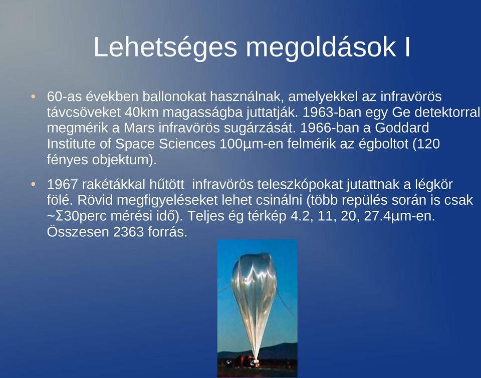 1966-ban a Goddard Institute of Space Sciences 100μm-en felmérik az égboltot (120 fényes objektum).