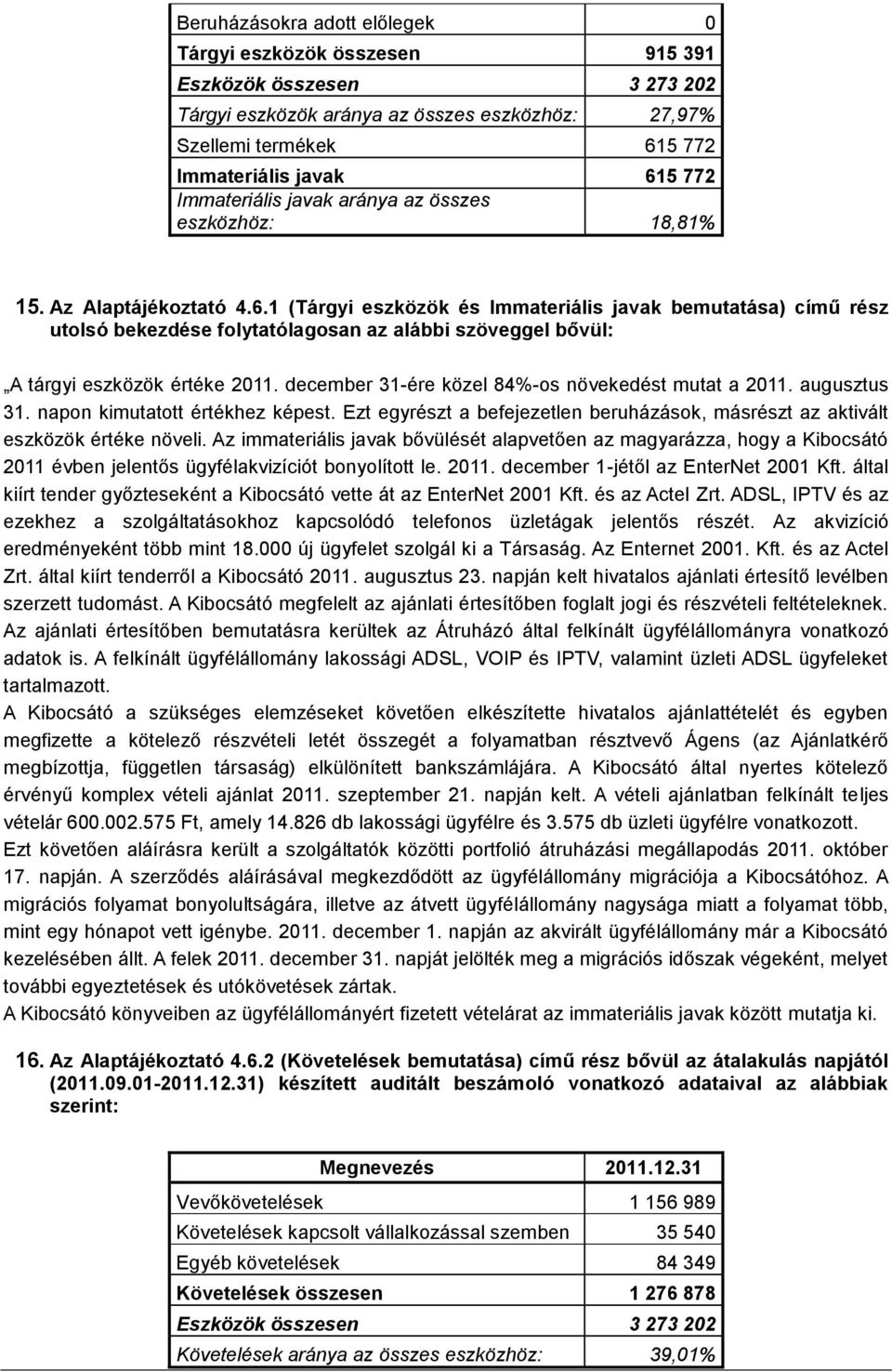 1 (Tárgyi eszközök és Immateriális javak bemutatása) című rész utolsó bekezdése folytatólagosan az alábbi szöveggel bővül: A tárgyi eszközök értéke 2011.