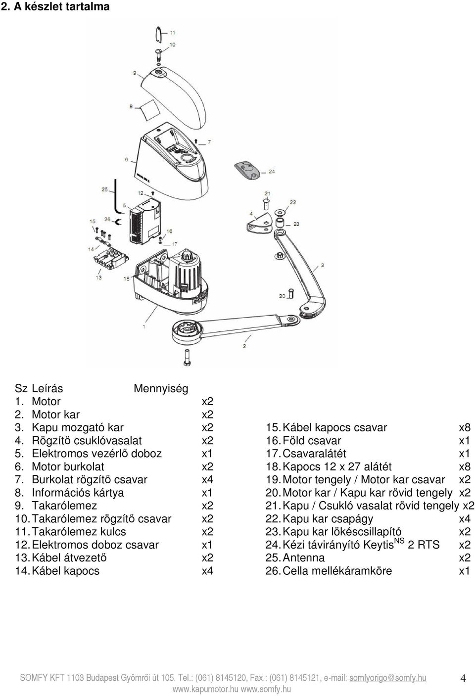 Kábel kapocs x4 15. Kábel kapocs csavar x8 16. Föld csavar x1 17. Csavaralátét x1 18. Kapocs 12 x 27 alátét x8 19. Motor tengely / Motor kar csavar x2 20.