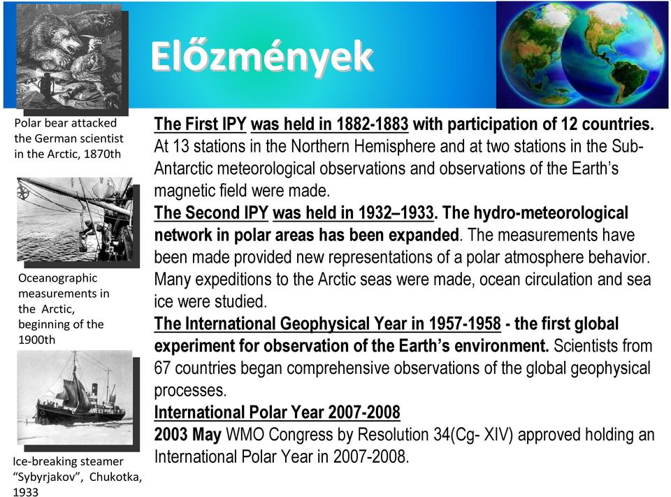 At 13 stations in the Northern Hemisphere and at two stations in the SubAntarctic meteorological observations and observations of the Earth s magnetic field were made.