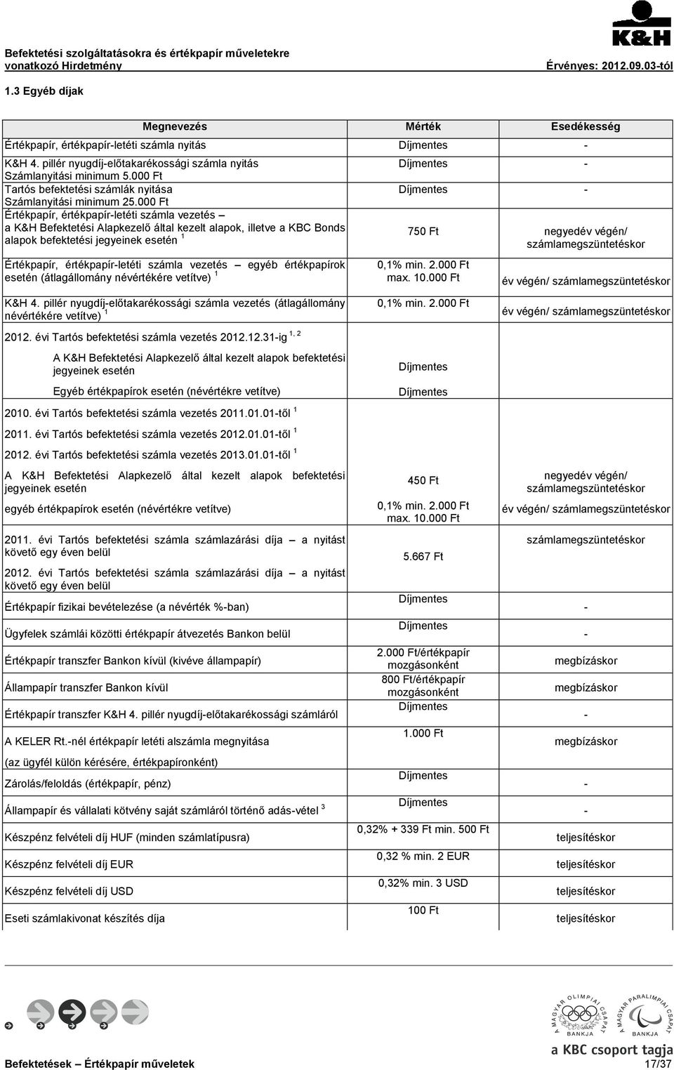 000 Ft Értékpapír, értékpapír-letéti számla vezetés a K&H Befektetési Alapkezelő által kezelt alapok, illetve a KBC Bonds 750 Ft negyedév végén/ alapok befektetési jegyeinek esetén 1