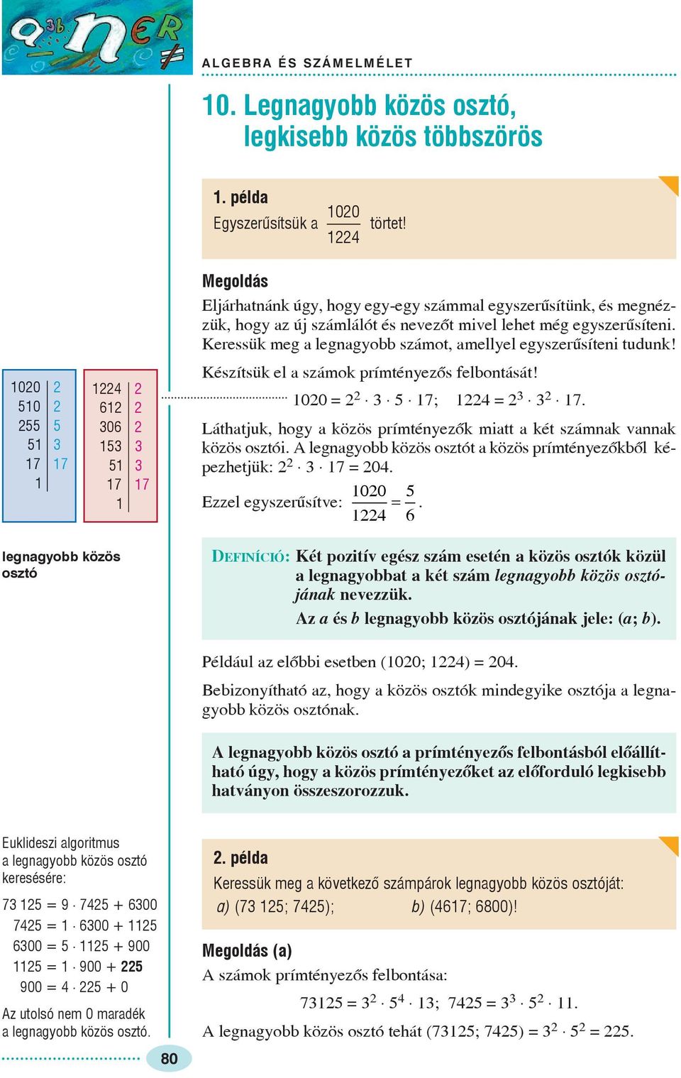 Keressük meg a legnagobb számot, amellel egszerûsíteni tudunk! Készítsük el a számok prímténezõs felbontását! 00 = 5 7; 4 = 7.