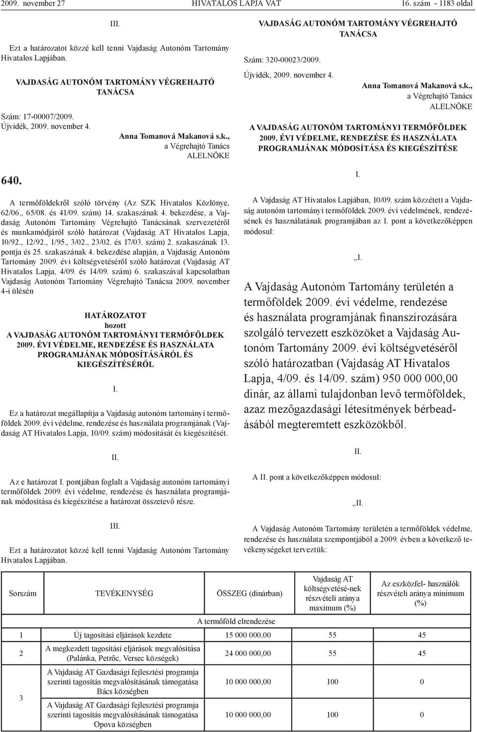 , 1/95., 3/02., 23/02. és 17/03. szám) 2. szakaszának 13. pontja és 25. szakaszának 4. bekezdése alapján, a Vajdaság Autonóm Tartomány 2009.