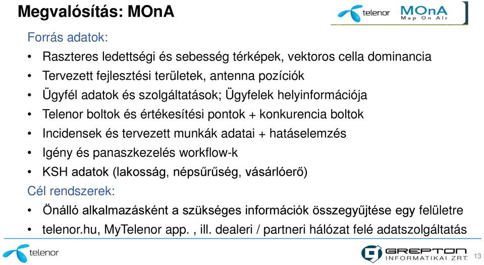 tervezett munkák adatai + hatáselemzés Igény és panaszkezelés workflow-k KSH adatok (lakosság, népsűrűség, vásárlóerő) Cél rendszerek: Önálló