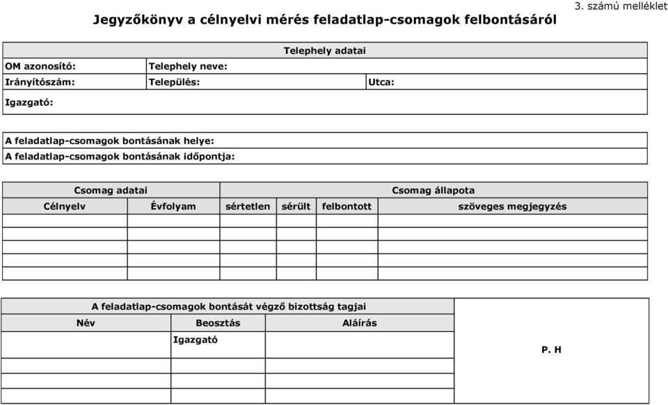 feladatlap-csomagok bontásának helye: A feladatlap-csomagok bontásának időpontja: Csomag adatai Csomag