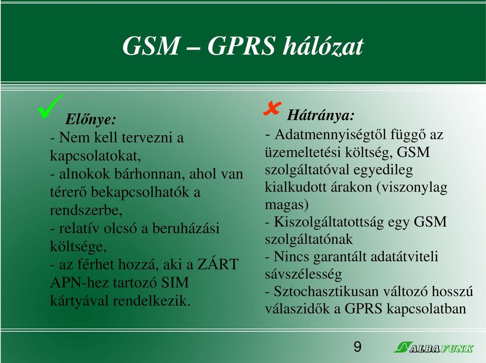 Hátránya: - Adatmennyiségtől függő az üzemeltetési költség, GSM szolgáltatóval egyedileg kialkudott árakon (viszonylag magas) -