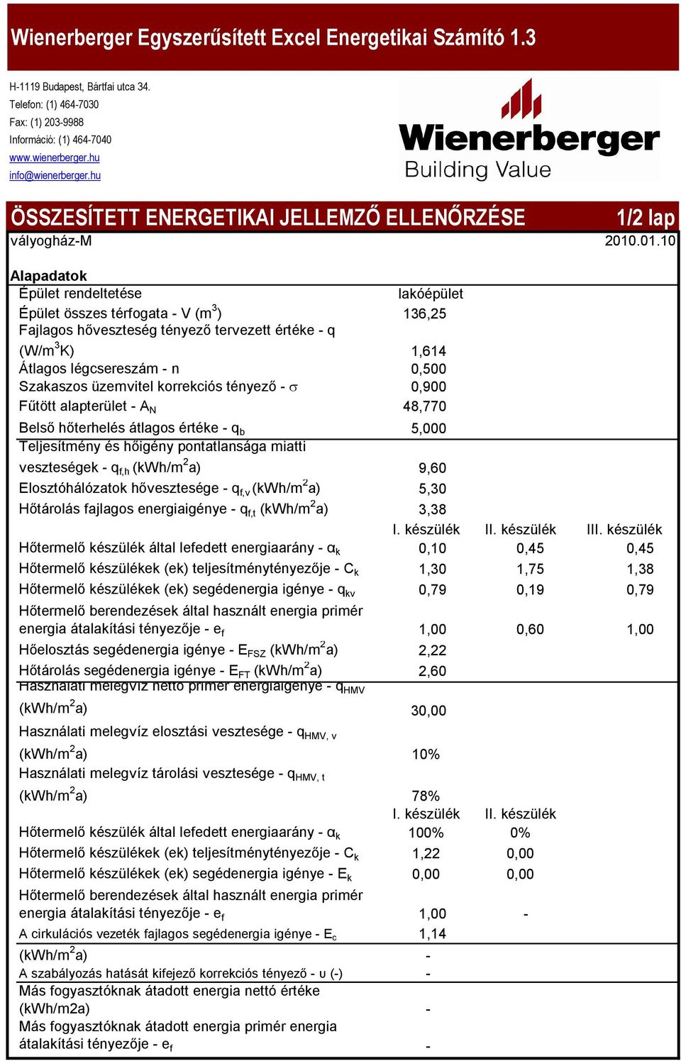 üzemvitel korrekciós tényező - s 0,900 Fűtött alapterület - A N 48,770 Belső hőterhelés átlagos értéke - q b 5,000 Teljesítmény és hőigény pontatlansága miatti veszteségek - q f,h (kwh/m 2 a) 9,60