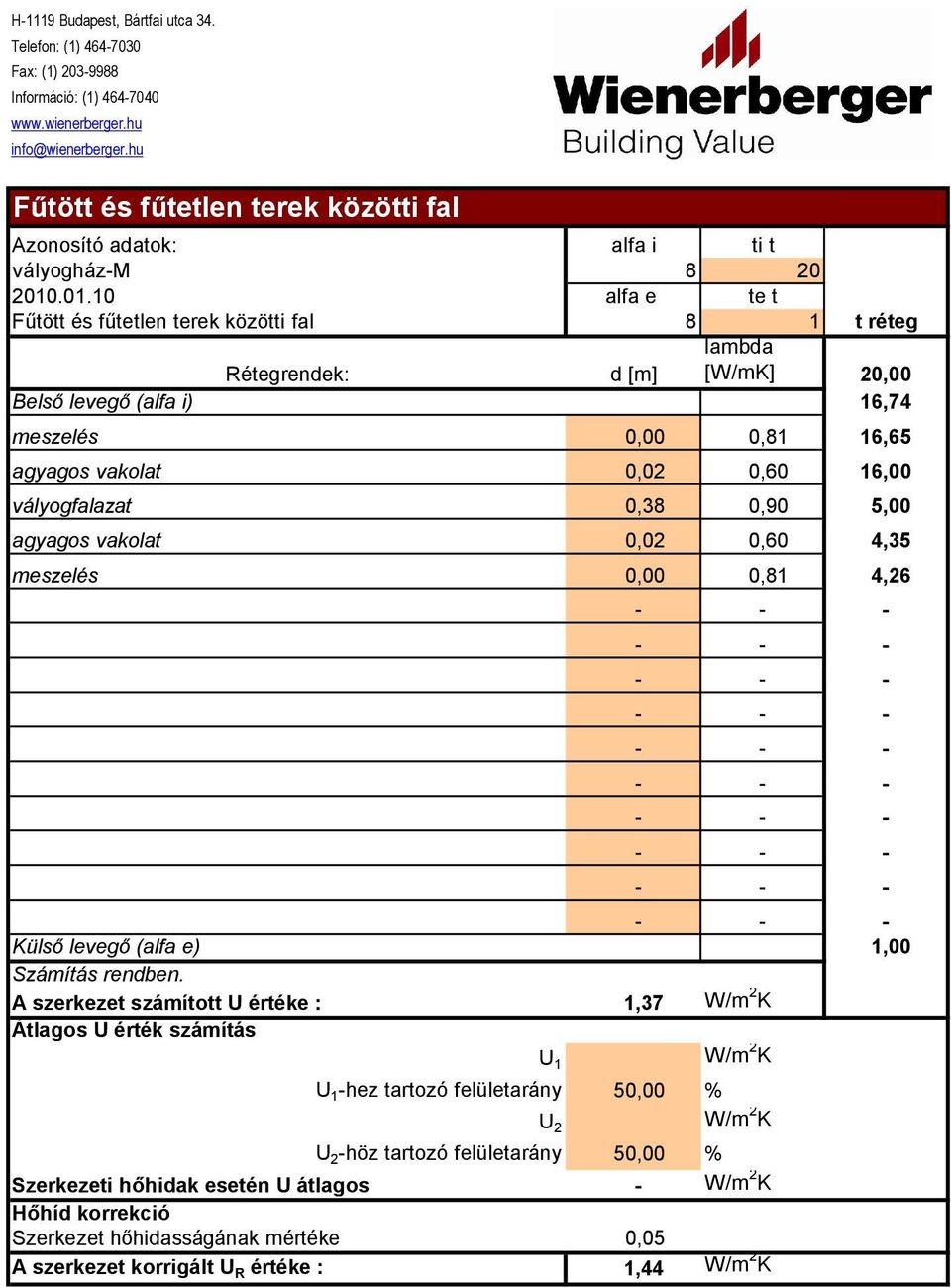 0,60 16,00 vályogfalazat 0,38 0,90 5,00 agyagos vakolat 0,02 0,60 4,35 meszelés 0,00 0,81 4,26 Külső levegő (alfa e) 1,00 Számítás rendben.