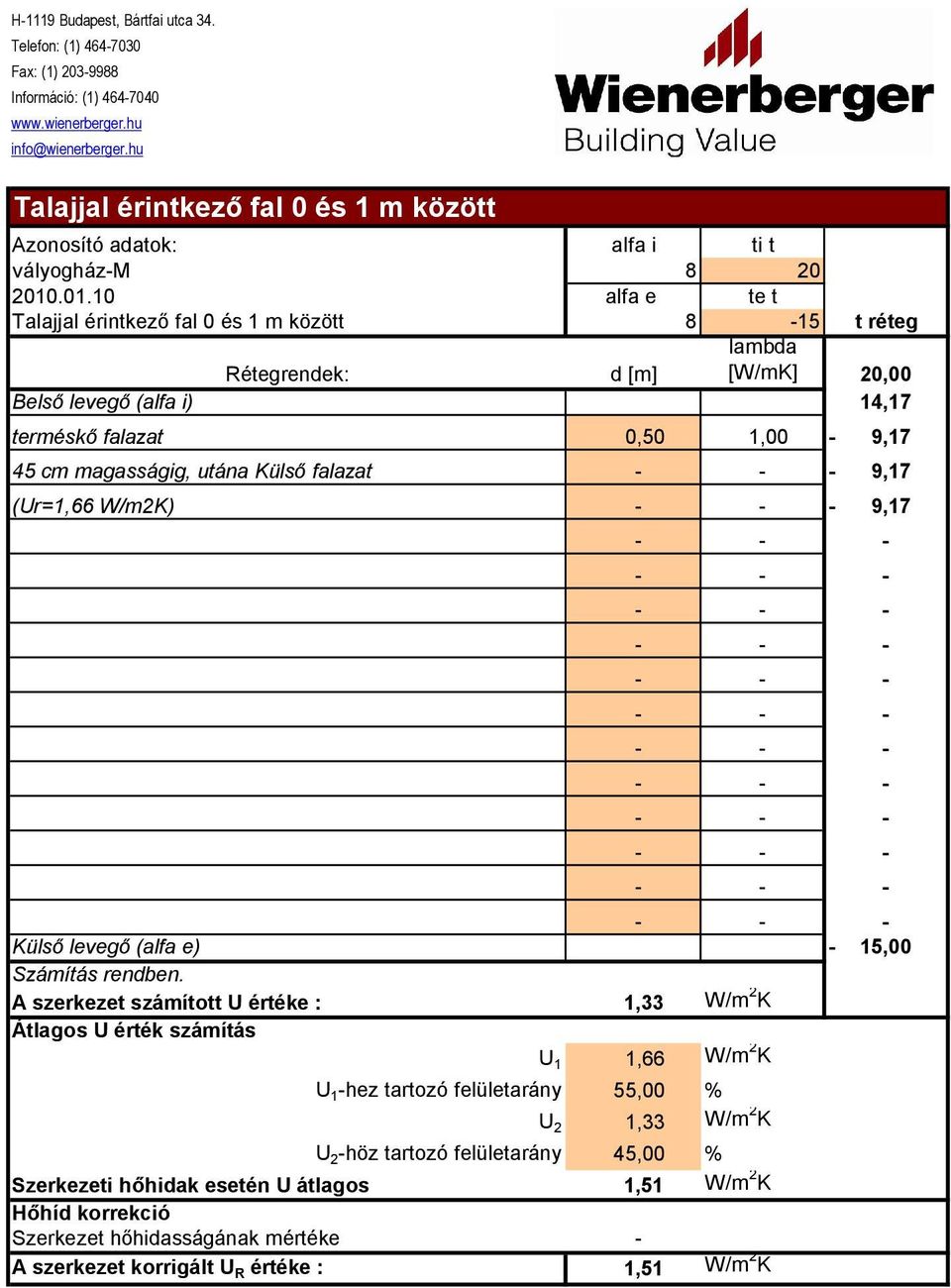 cm magasságig, utána Külső falazat 9,17 (Ur=1,66 W/m2K) 9,17 Külső levegő (alfa e) - 15,00 Számítás rendben.