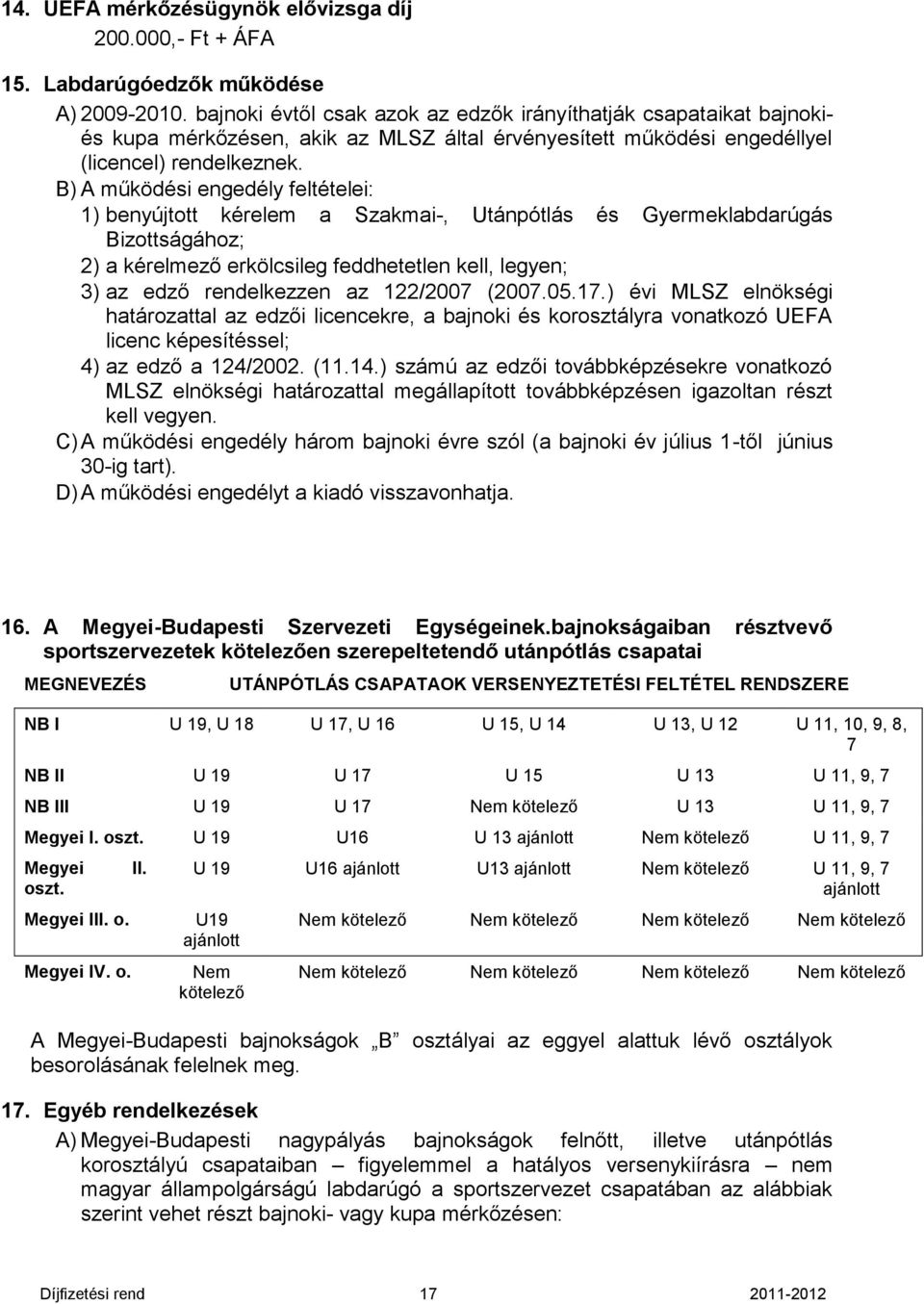 B) A működési engedély feltételei: 1) benyújtott kérelem a Szakmai-, Utánpótlás és Gyermeklabdarúgás Bizottságához; 2) a kérelmező erkölcsileg feddhetetlen kell, legyen; 3) az edző rendelkezzen az