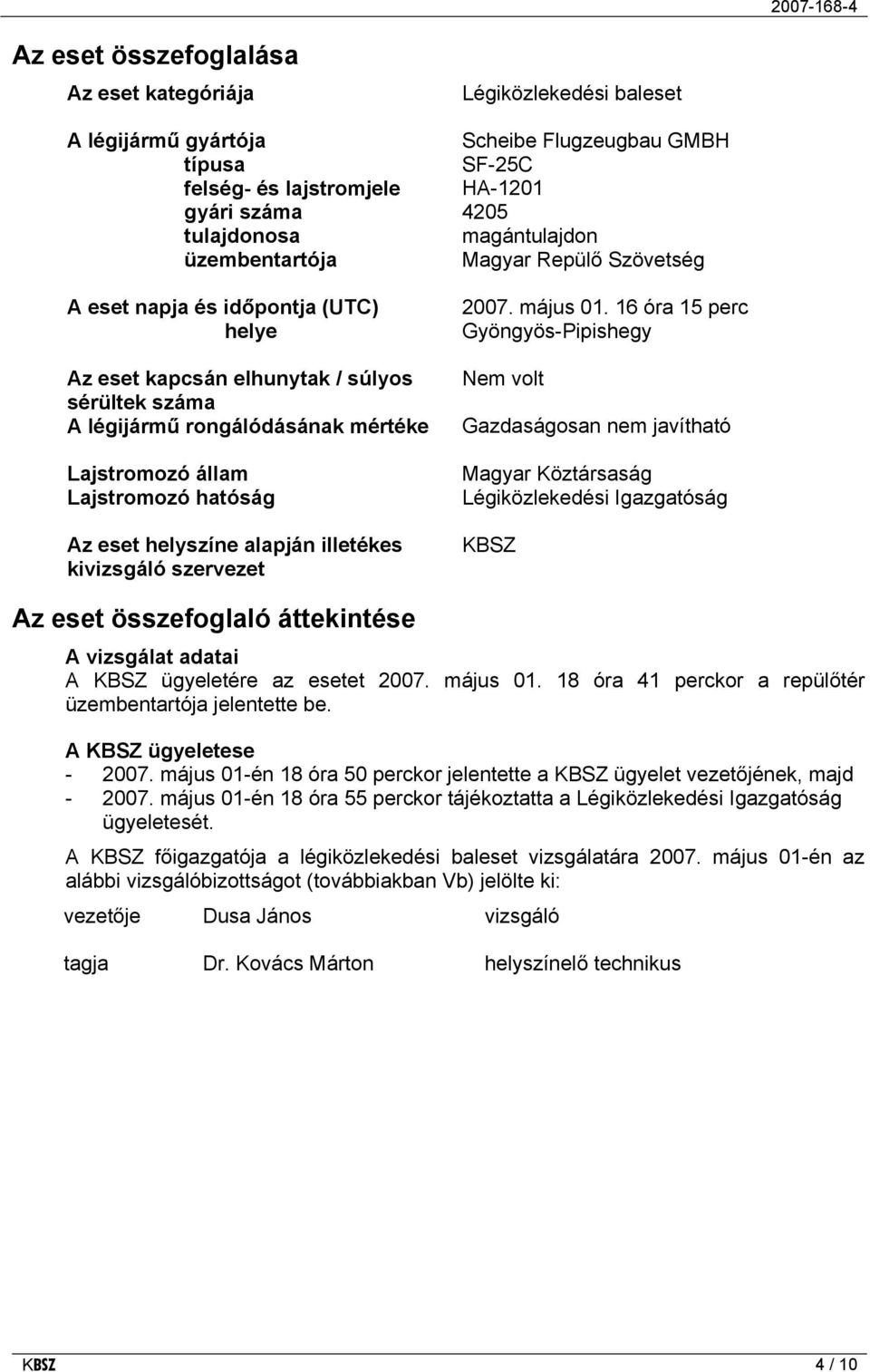 Lajstromozó hatóság Az eset helyszíne alapján illetékes kivizsgáló szervezet 2007. május 01.