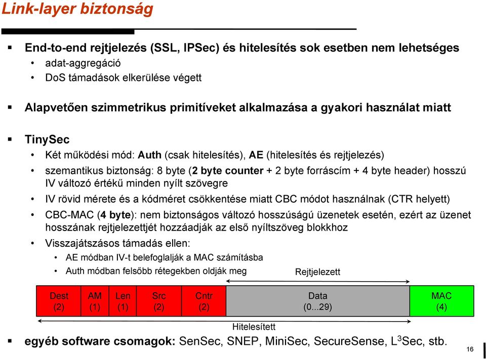 változó értékű minden nyílt szövegre IV rövid mérete és a kódméret csökkentése miatt CBC módot használnak (CTR helyett) CBC-MAC (4 byte): nem biztonságos változó hosszúságú üzenetek esetén, ezért az