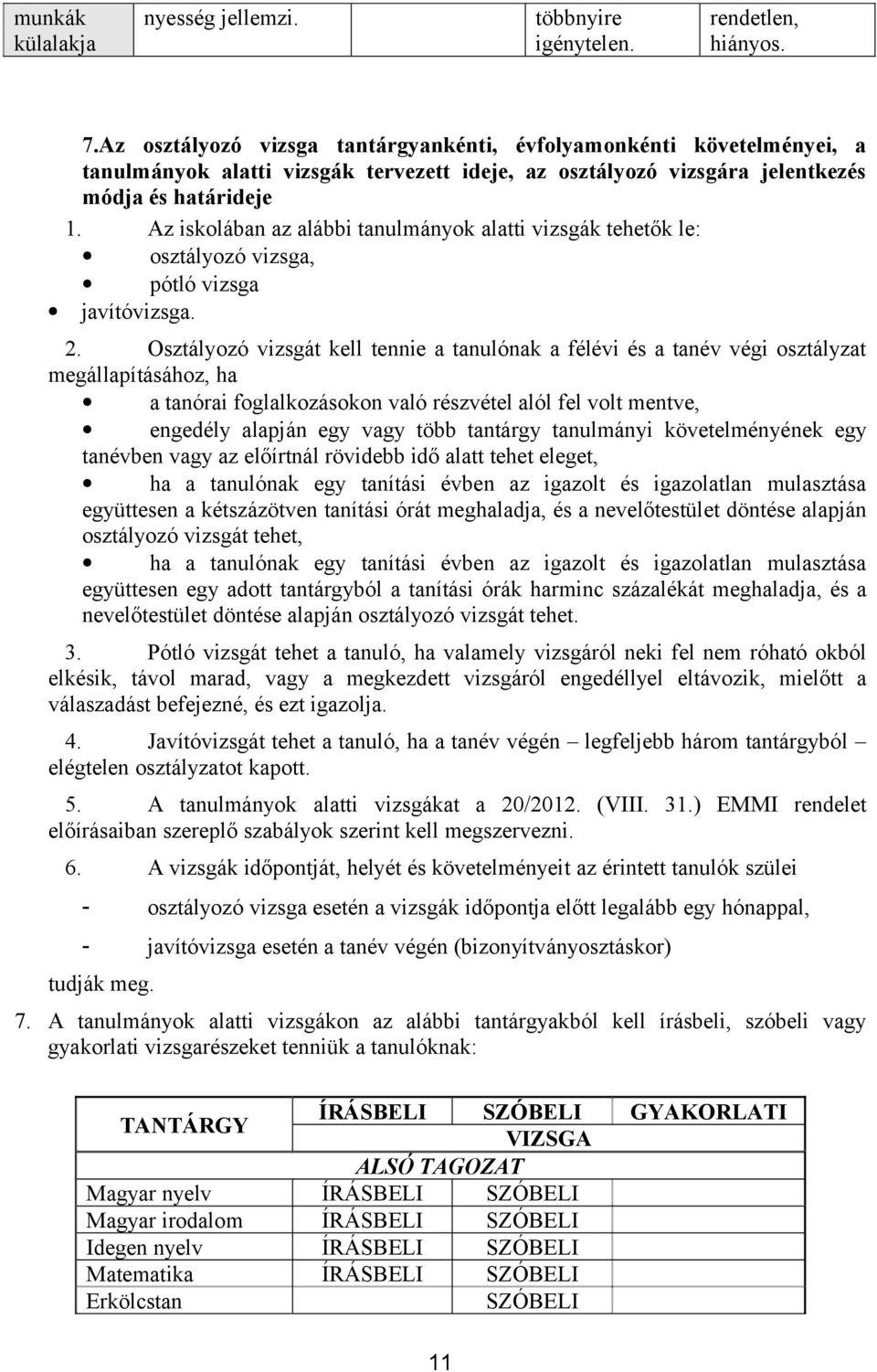 Az iskolában az alábbi tanulmányok alatti vizsgák tehetők le: osztályozó vizsga, pótló vizsga javítóvizsga. 2.