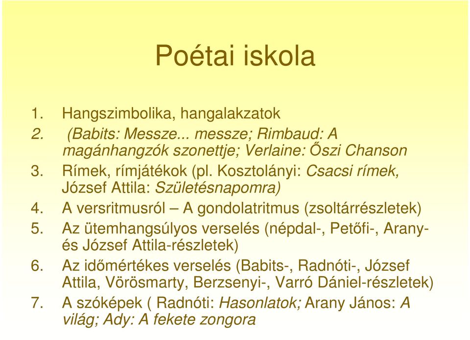 A versritmusról A gondolatritmus (zsoltárrészletek) 5. Az ütemhangsúlyos verselés (népdal-, Petőfi-, Aranyés József Attila-részletek) 6.