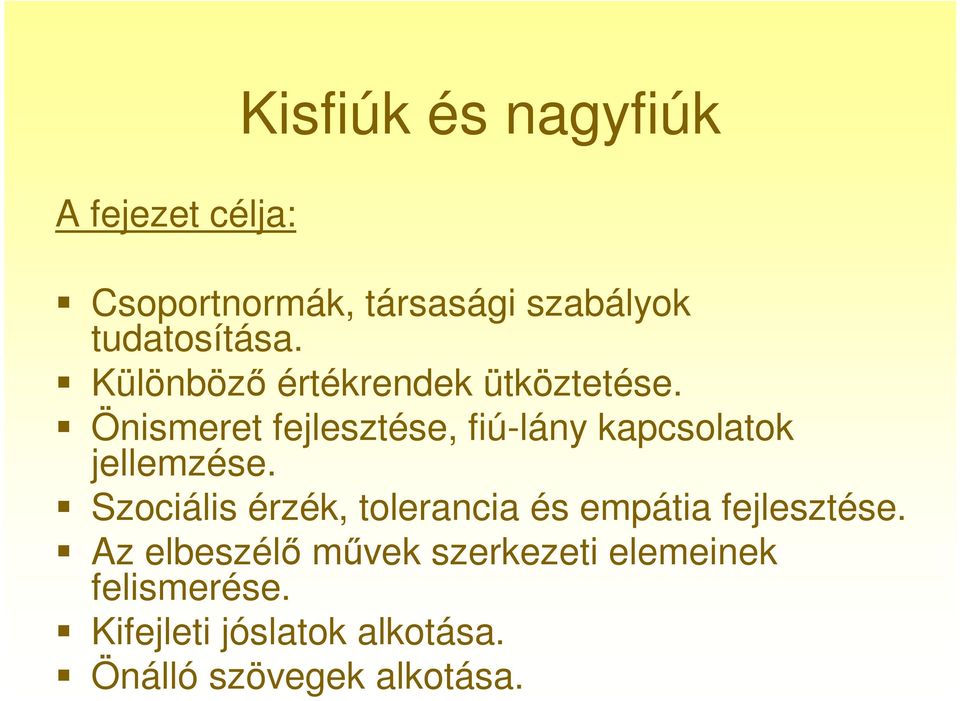 Önismeret fejlesztése, fiú-lány kapcsolatok jellemzése.