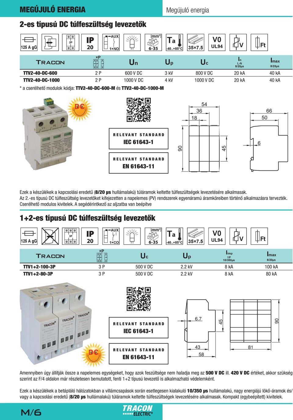 TTV2-40-DC-1000-M In -N 8/20μs Imax 8/20μs 54 36 66 18 50 REEVANT STANDARD IEC 61643-1 6 90 45 REEVANT STANDARD EN 61643-11 Ezek a készülékek a kapcsolási eredetű (8/20 μs hullámalakú) túláramok