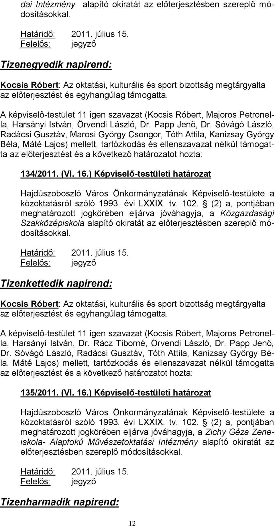 A képviselő-testület 11 igen szavazat (Kocsis Róbert, Majoros Petronella, Harsányi István, Örvendi László, Dr. Papp Jenő, Dr.