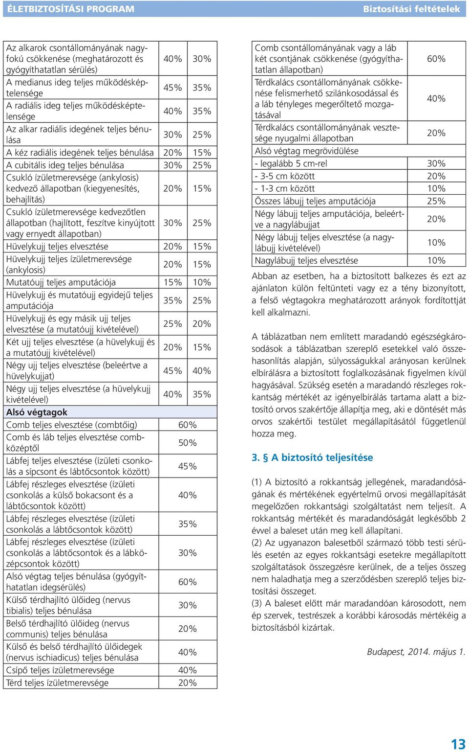 (kiegyenesítés, 20% 15% behajlítás) Csukló ízületmerevsége kedvezőtlen állapotban (hajlított, feszítve kinyújtott 30% 25% vagy ernyedt állapotban) Hüvelykujj teljes elvesztése 20% 15% Hüvelykujj