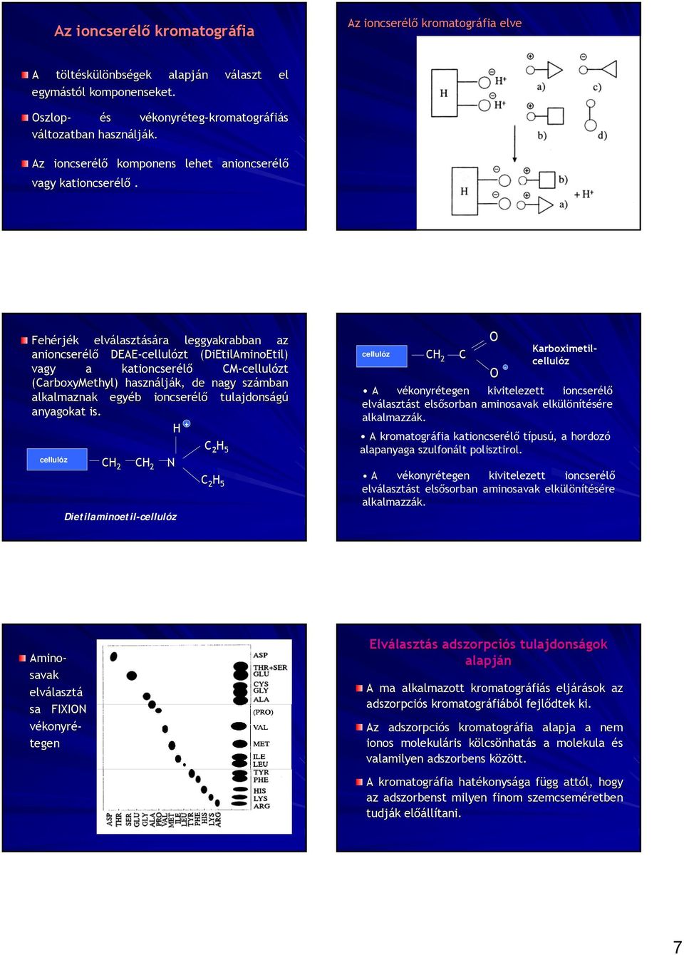 komponens lehet anioncserélő Fehérj rjék k lasztására leggyakrabban az anioncserélő DEAE-cellul cellulózt (DiEtilAminoEtil) vagy a kationcserélő CM-cellul cellulózt (CarboxyMethyl)) használj lják, de