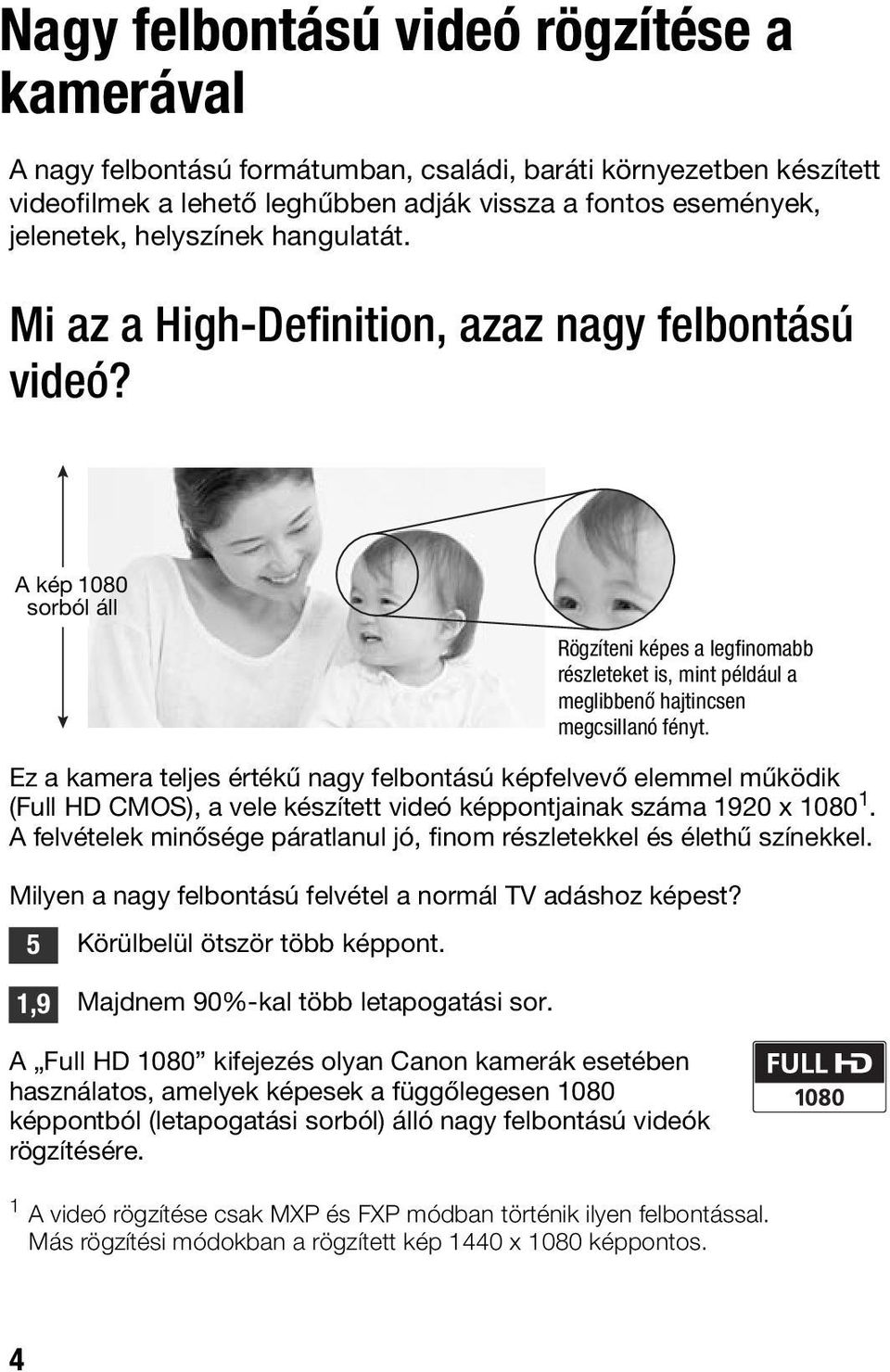 Ez a kamera teljes értékű nagy felbontású képfelvevő elemmel működik (Full HD CMOS), a vele készített videó képpontjainak száma 1920 x 1080 1.
