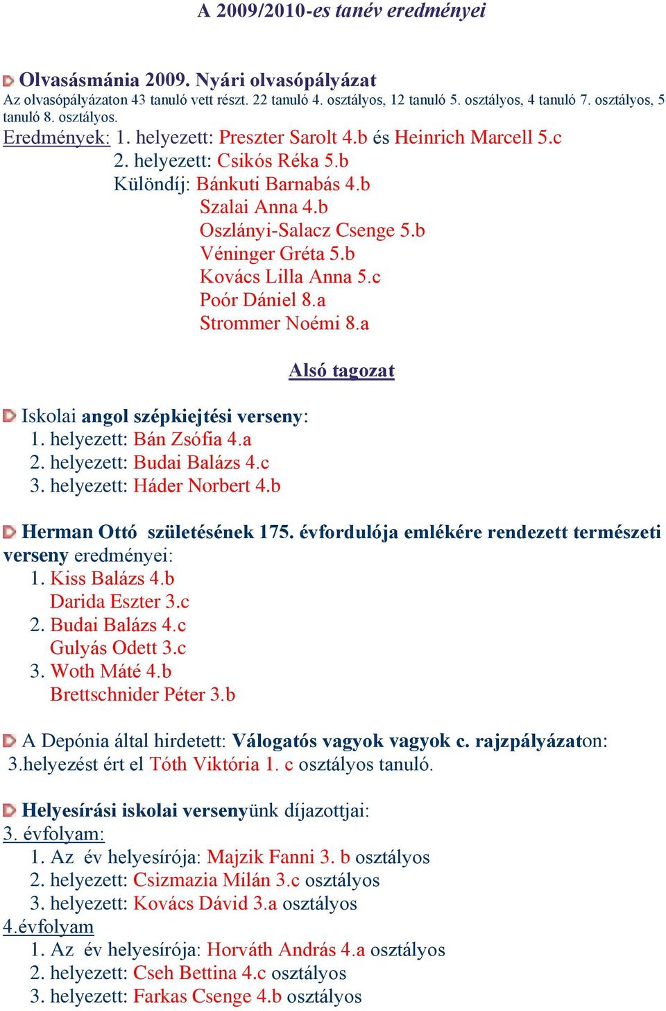 b Véninger Gréta 5.b Kovács Lilla Anna 5.c Poór Dániel 8.a Strommer Noémi 8.a Iskolai angol szépkiejtési verseny: 1. helyezett: Bán Zsófia 4.a 2. helyezett: Budai Balázs 4.c 3.