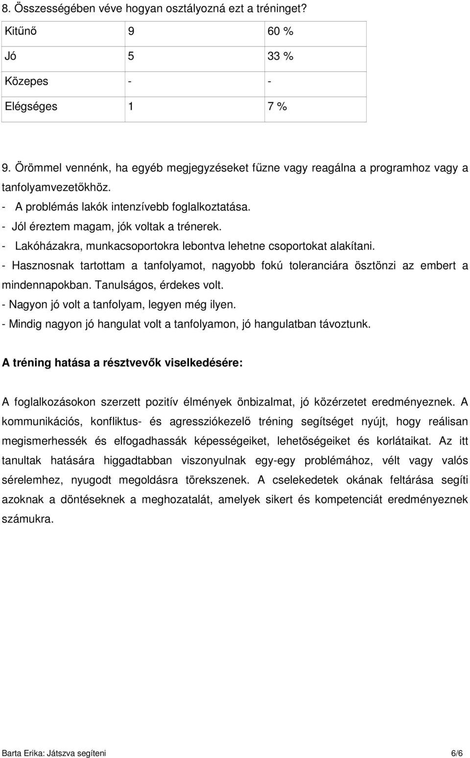 Lakóházakra, munkacsoportokra lebontva lehetne csoportokat alakítani. Hasznosnak tartottam a tanfolyamot, nagyobb fokú toleranciára ösztönzi az embert a mindennapokban. Tanulságos, érdekes volt.