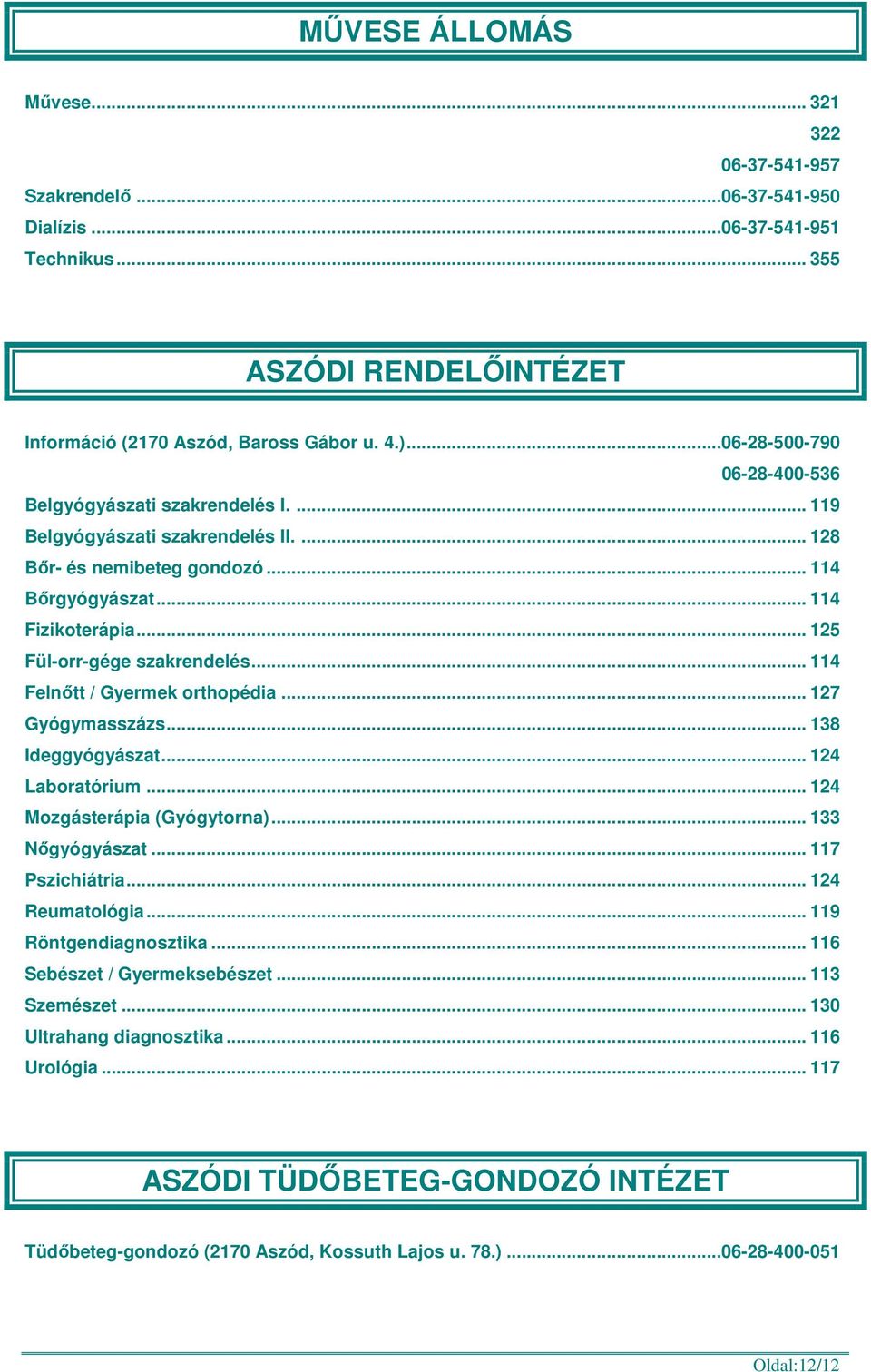 .. 125 Fül-orr-gége szakrendelés... 114 Felnőtt / Gyermek orthopédia... 127 Gyógymasszázs... 138 Ideggyógyászat... 124 Laboratórium... 124 Mozgásterápia (Gyógytorna)... 133 Nőgyógyászat.