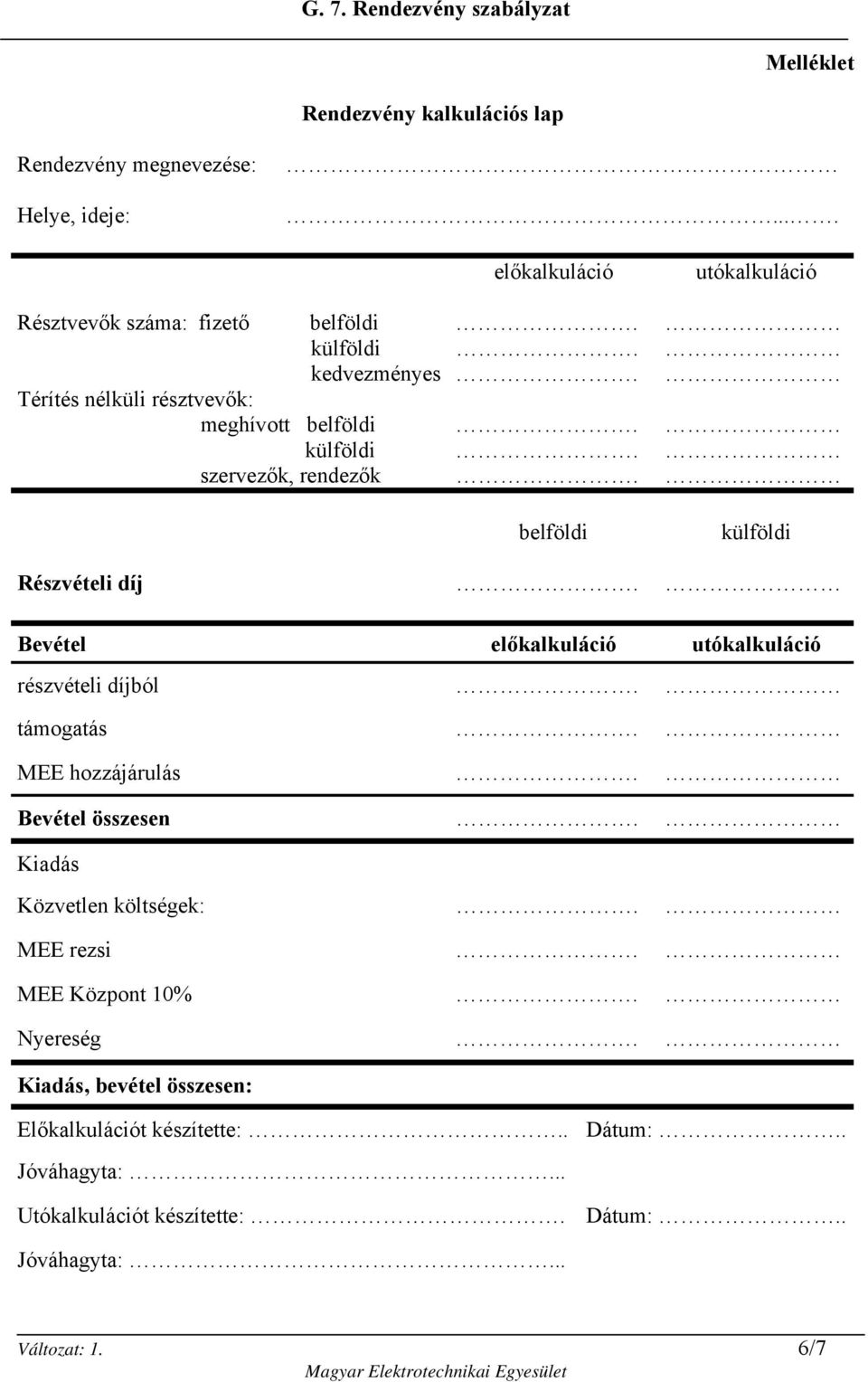 Bevétel előkalkuláció utókalkuláció részvételi díjból. támogatás. MEE hozzájárulás. Bevétel összesen. Kiadás Közvetlen költségek:. MEE rezsi.