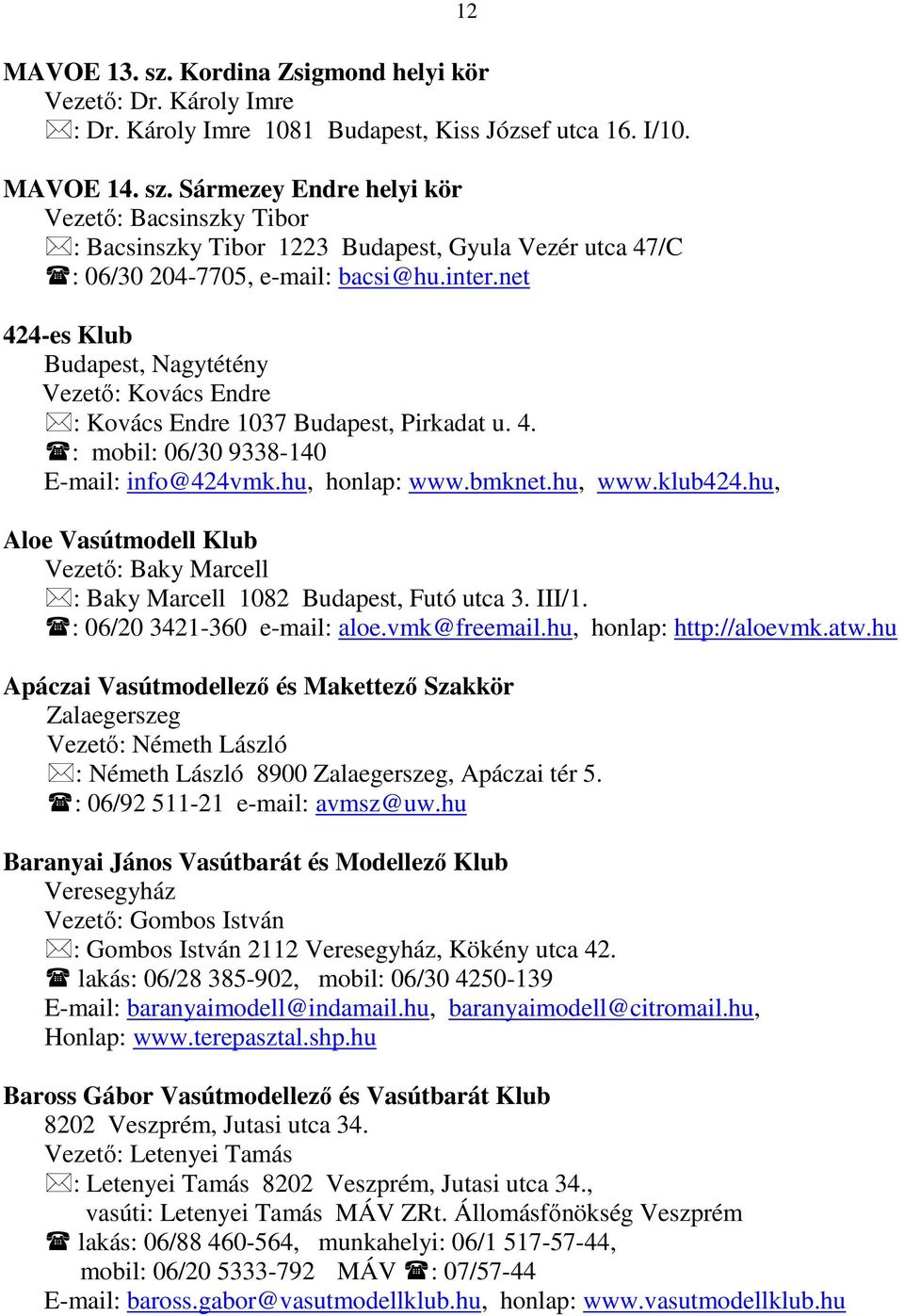 hu, Aloe Vasútmodell Klub Vezetı: Baky Marcell : Baky Marcell 1082 Budapest, Futó utca 3. III/1. : 06/20 3421-360 e-mail: aloe.vmk@freemail.hu, honlap: http://aloevmk.atw.