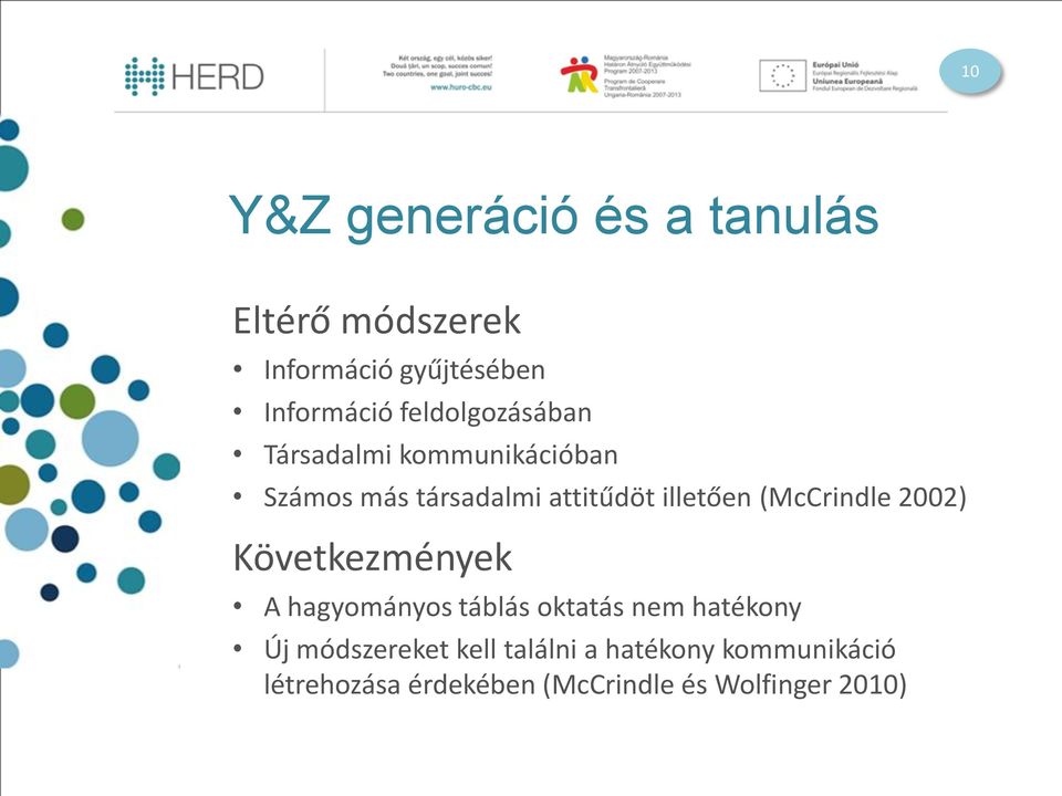 (McCrindle 2002) Következmények A hagyományos táblás oktatás nem hatékony Új