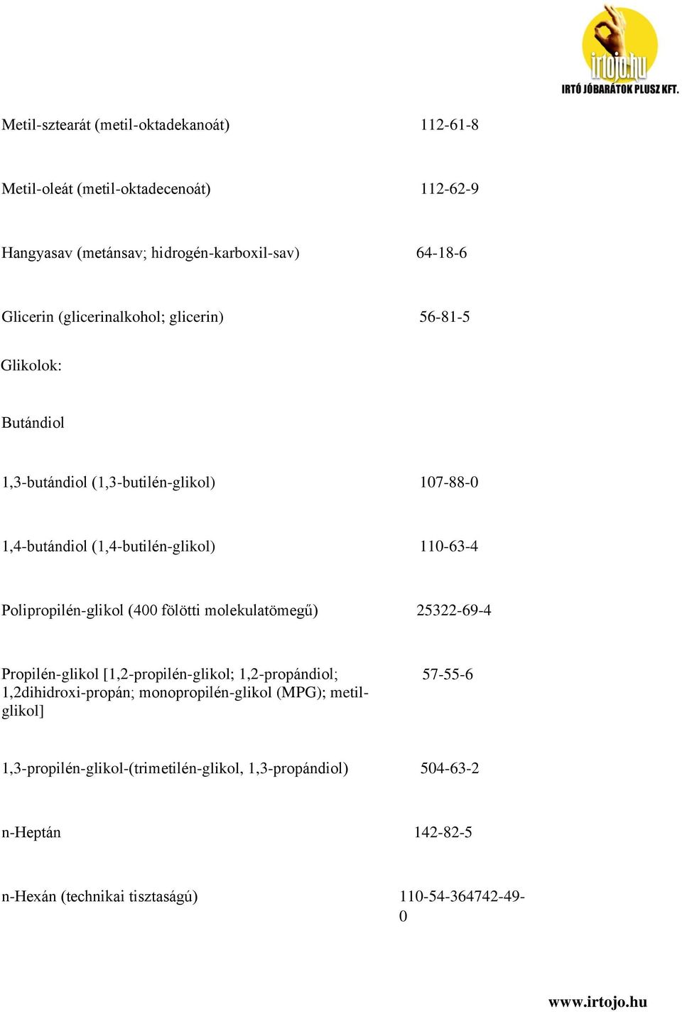 Polipropilén-glikol (400 fölötti molekulatömegű) 25322-69-4 Propilén-glikol [1,2-propilén-glikol; 1,2-propándiol; 1,2dihidroxi-propán;