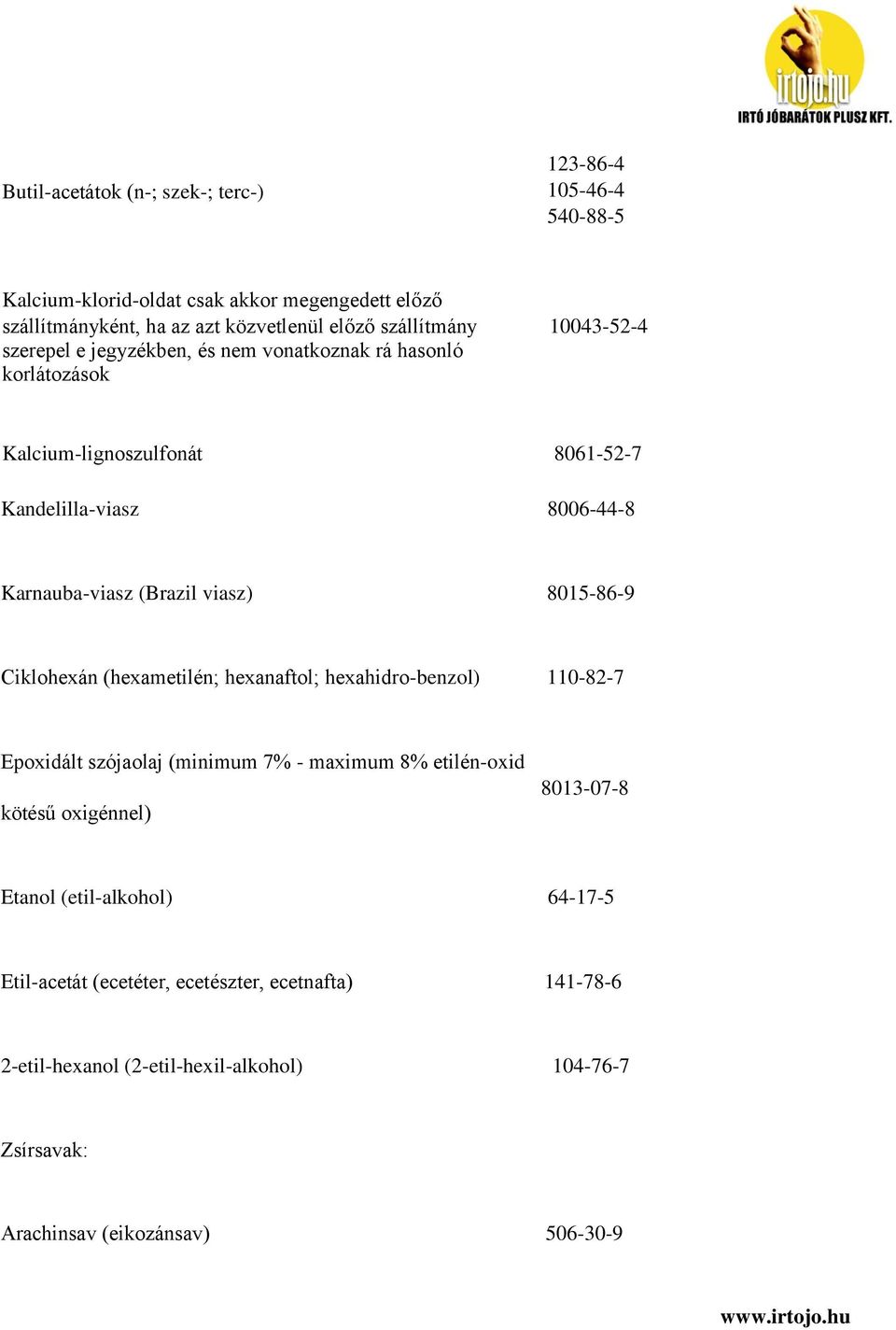 8015-86-9 Ciklohexán (hexametilén; hexanaftol; hexahidro-benzol) 110-82-7 Epoxidált szójaolaj (minimum 7% - maximum 8% etilén-oxid kötésű oxigénnel) 8013-07-8 Etanol