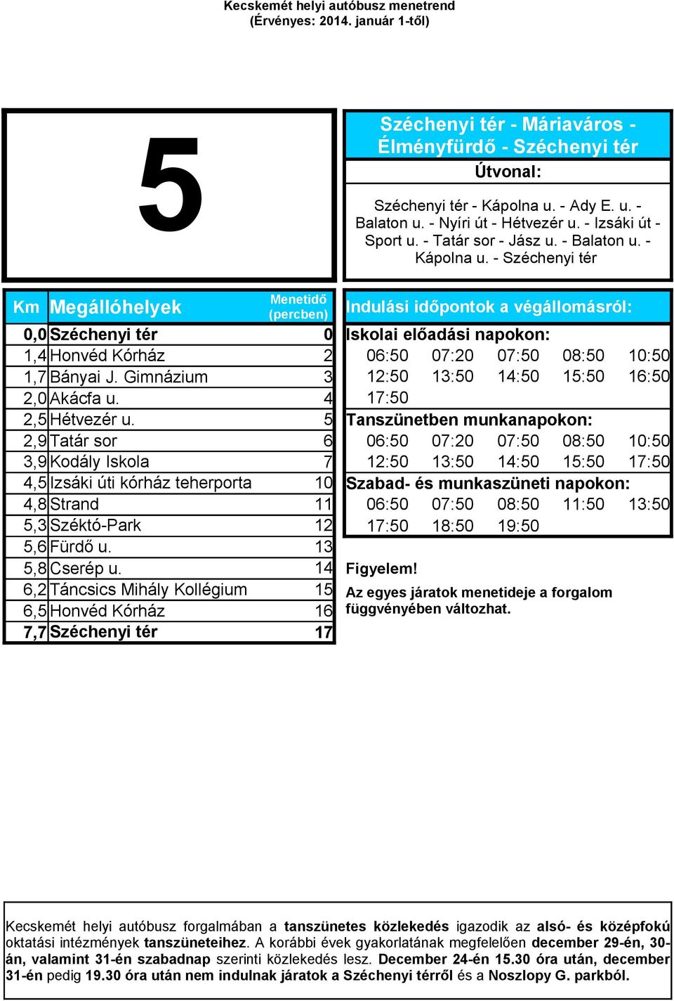 - Széchenyi tér Km Megállóhelyek 0,0 Széchenyi tér 0 Iskolai előadási napokon: 1,4 Honvéd Kórház 2 06:50 07:20 07:50 08:50 10:50 1,7 Bányai J. Gimnázium 3 12:50 13:50 14:50 15:50 16:50 2,0 Akácfa u.