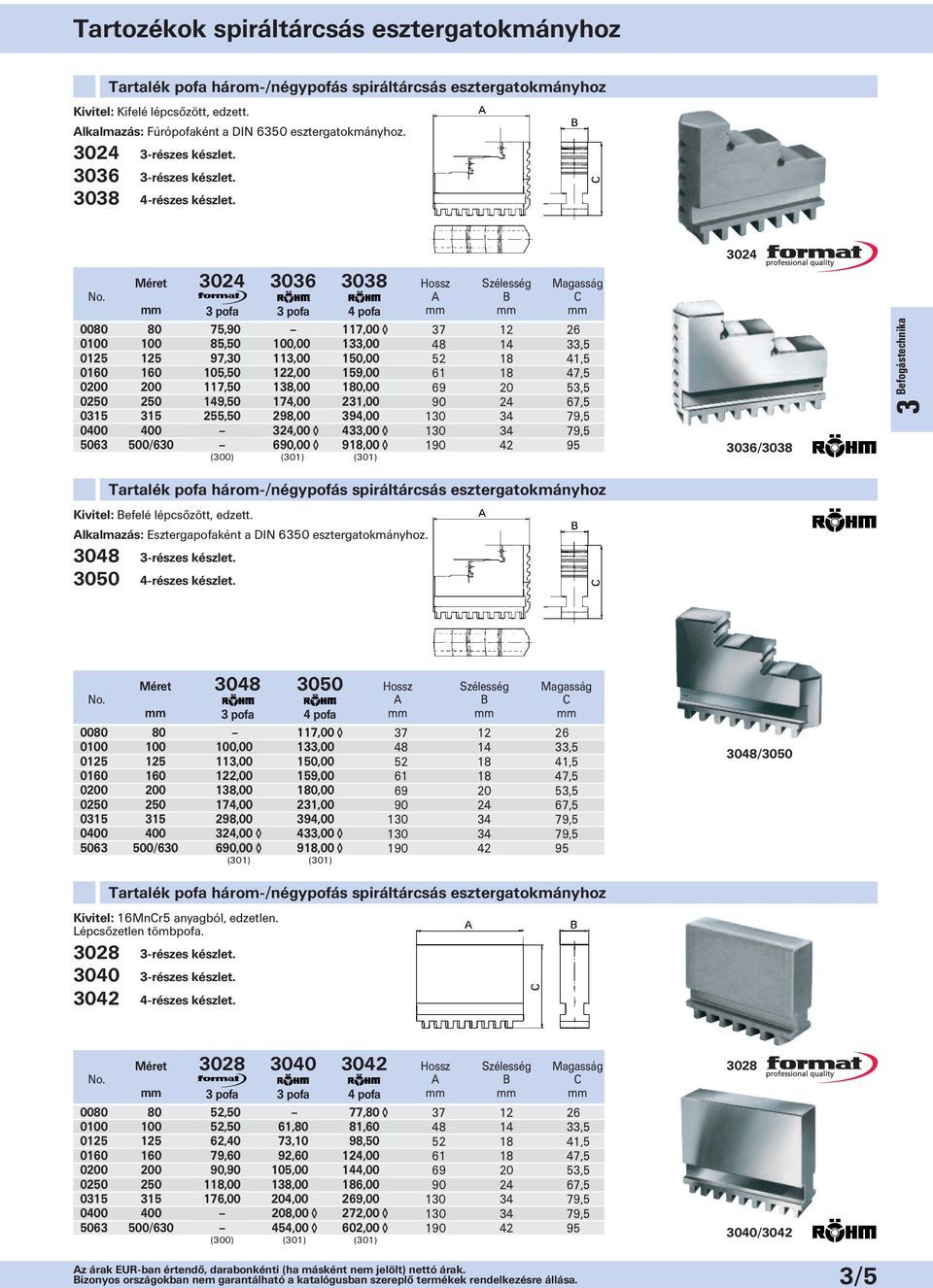3024 Méret 3024 3036 3038 Hossz Szélesség Magasság B C mm 3 pofa 3 pofa 4 pofa mm mm mm 0080 80 75,90 117,00 37 12 26 0100 100 85,50 100,00 133,00 48 14 33,5 0125 125 97,30 113,00 150,00 52 18 41,5