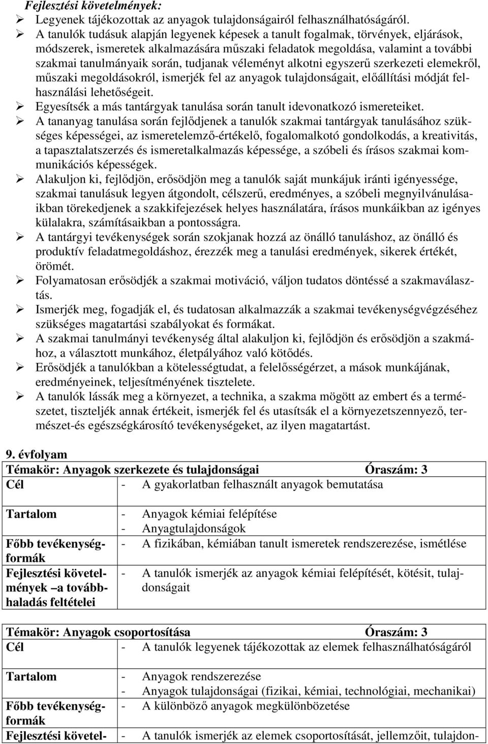 tudjanak véleményt alkotni egyszerő szerkezeti elemekrıl, mőszaki megoldásokról, ismerjék fel az anyagok tulajdonságait, elıállítási módját felhasználási lehetıségeit.