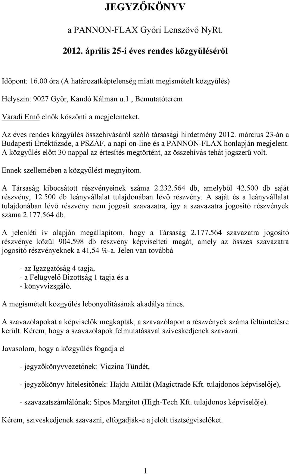 március 23-án a Budapesti Értéktőzsde, a PSZÁF, a napi on-line és a PANNON-FLAX honlapján megjelent. A közgyűlés előtt 30 nappal az értesítés megtörtént, az összehívás tehát jogszerű volt.