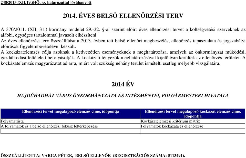 évben tett belső ellenőri megbeszélés, ellenőrzés tapasztalata és jogszabályi előírások figyelembevételével készült.