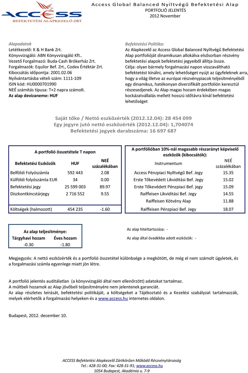 Az Alapkezelő az Access Global Balanced Nyíltvégű Befektetési Alap portfolióját dinamikusan allokálva elsősorban részvény befektetési alapok befektetési jegyeiből állítja össze.